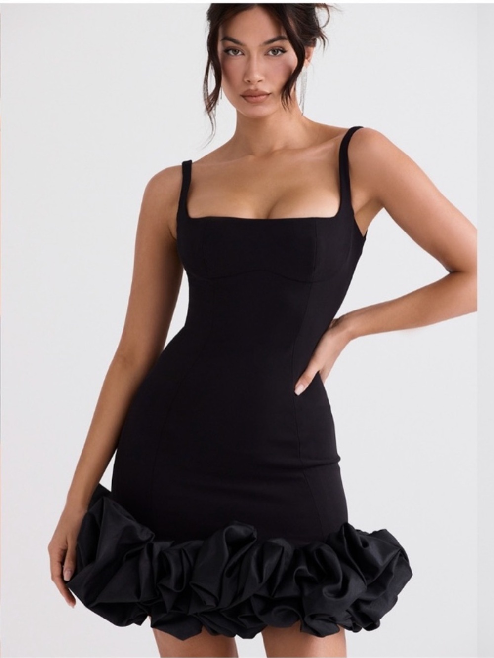 House of CB Lilou Mini Dress XL Dramatic Ruffle Hem Black Crepe LBD Formal